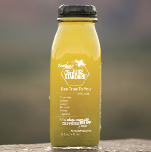 BEE TRUE TO YOU is, simply put, an allergen alleviator of the highest order. (Cold-pressed juice with cucumber, lemon, ginger, turmeric, honey, cayenne.)